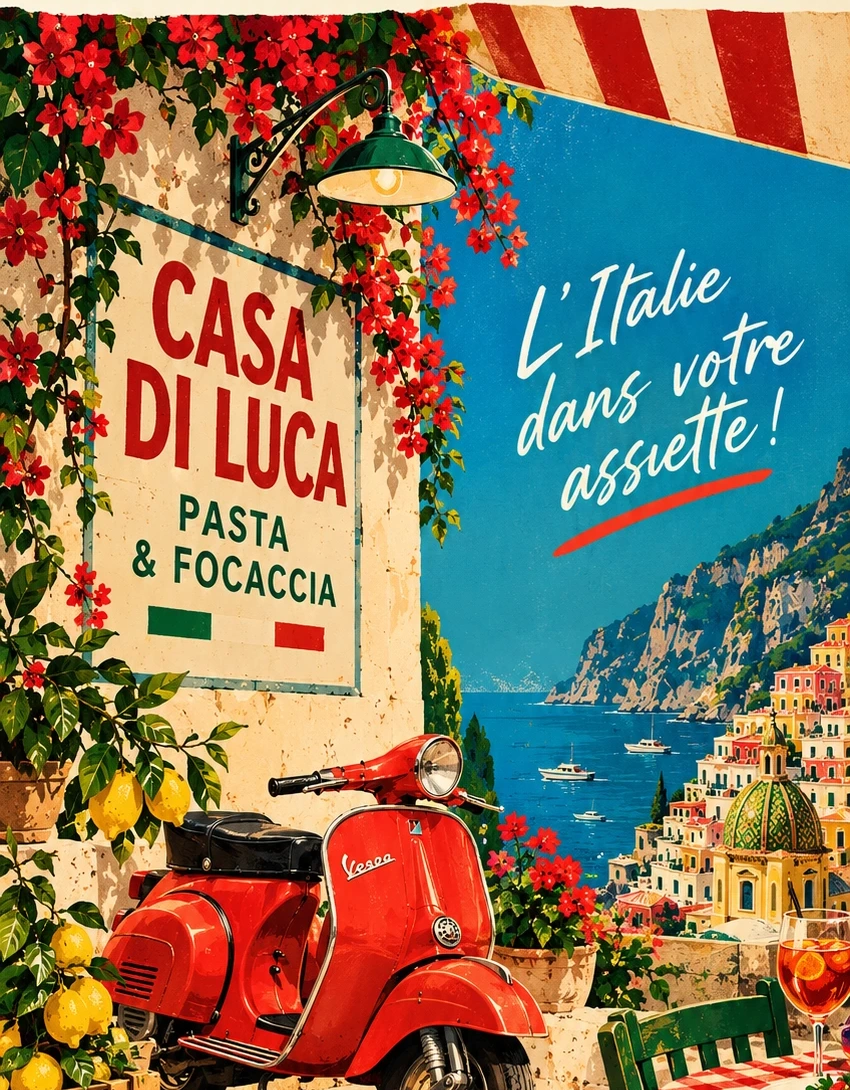 Affiche rétro italienne Casa di Luca avec Vespa rouge et côte amalfitaine